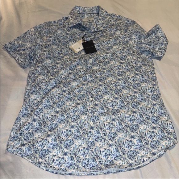 Bugatchi Blue Casual Button Down Shirt with Floral Pattern Ooohcotton Tech 8 way